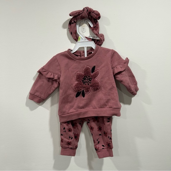 Size 3M Baby Girl's 3-Piece Floral Sweatshirt Set (top +pants + hair band) - Picture 2 of 8